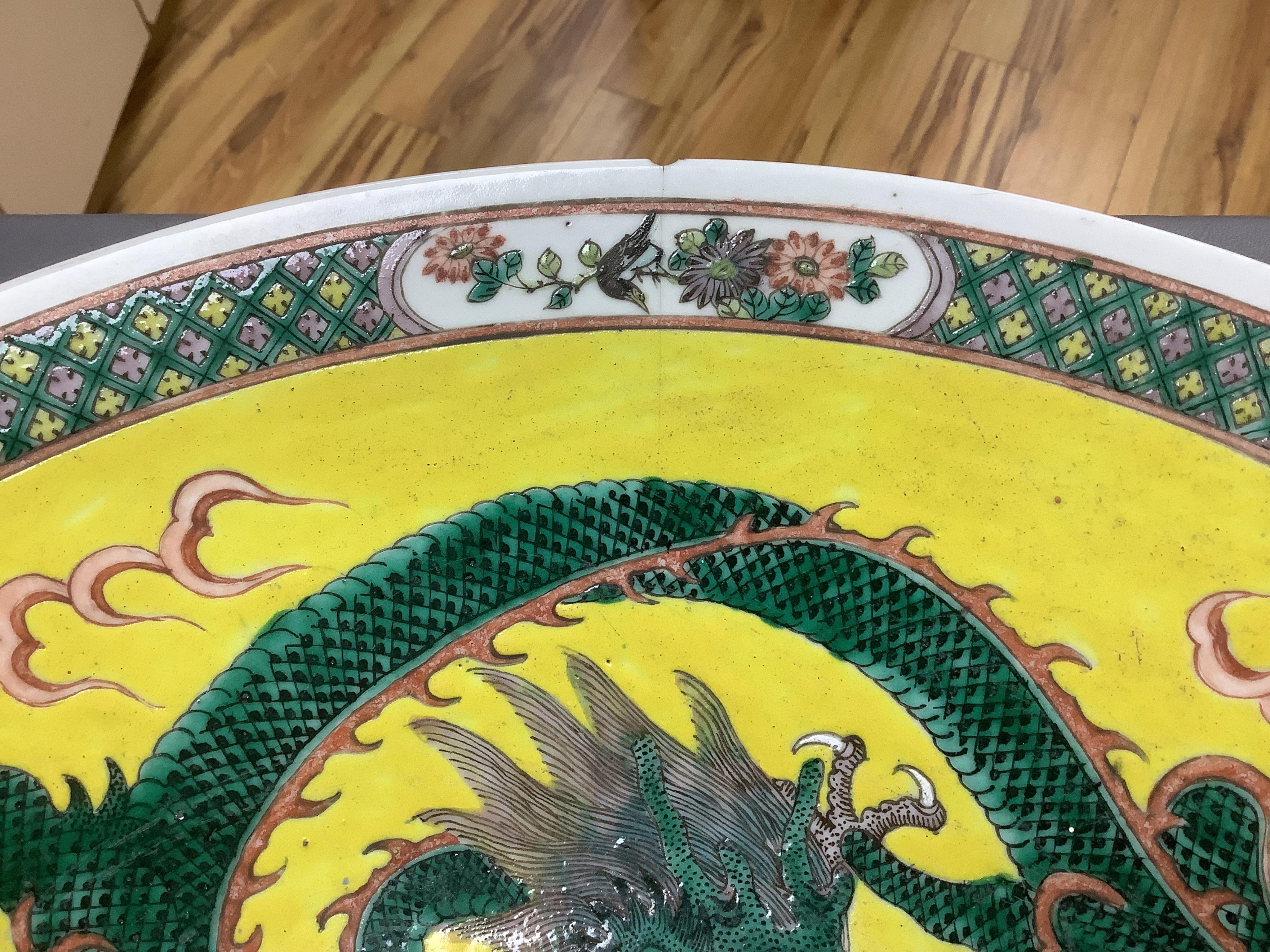 A Chinese yellow ground ‘dragon’ charger, Guangxu period (1875-1908), 47cm diameter.